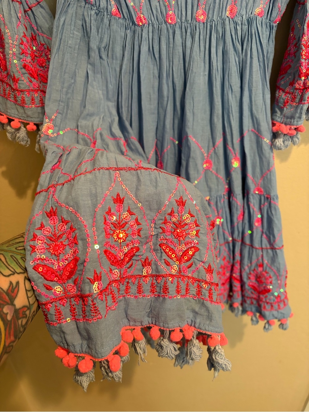 Beautiful Mid-Summer Ocean Blue Mini Dress, w/ Neon Pink Sequins and Seashells - Picture 10 of 11